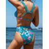 imageCUPSHE Womens Bikini Sets High Waisted Two Piece Bathing Suit V Neck Double Straps High Cut Cheeky Bottom Strappy BackAqua BlueFloral