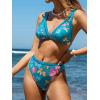 imageCUPSHE Womens Bikini Sets High Waisted Two Piece Bathing Suit V Neck Double Straps High Cut Cheeky Bottom Strappy BackAqua BlueFloral