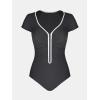 imageCUPSHE Womens One Piece Swimsuit Scoop Neck Short Sleeve Zipper Front Ruched Bathing Suit Color Blocked TrimDark Gray