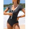 imageCUPSHE Womens One Piece Swimsuit Scoop Neck Short Sleeve Zipper Front Ruched Bathing Suit Color Blocked TrimDark Gray