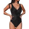 imageCUPSHE Womens One Piece Swimsuit Bathing Suit Tummy Control Plunging Neck Wrapped Ruched Mesh Adjustable StrapsBlack
