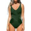 imageCUPSHE Womens One Piece Swimsuit Bathing Suit Tummy Control Plunging Neck Wrapped Ruched Mesh Adjustable StrapsDark Olive Green