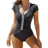 imageCUPSHE Womens One Piece Swimsuit Scoop Neck Short Sleeve Zipper Front Ruched Bathing Suit Color Blocked TrimDark Gray