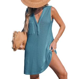 imageCUPSHE Women Swimsuit Cover Up Sleeveless Waffle Knit Summer Mini Beach Coverup DressBlue