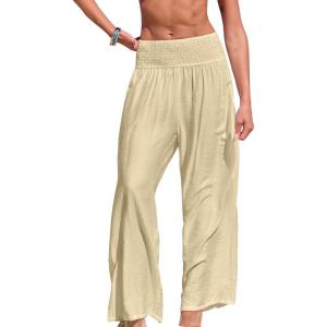 imageCUPSHE Women Swimsuit Cover Ups Pants High Waist Smokced Wide Leg Beach Vacation OutfitsApricot