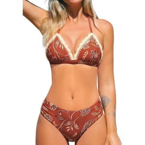 imageCUPSHE Womens Bikini Sets Two Piece Swimsuit Mid Rise Halter Triangle Tops V Neck Scalloped CrochetRed Floral