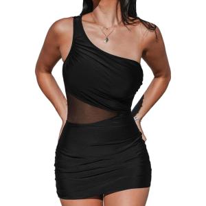 imageCUPSHE Womens One Piece Swimsuit Asymmetrical Neck Bathing Suit One Shoulder Ruched Mesh Side Waisted Panel Swim DressBlack