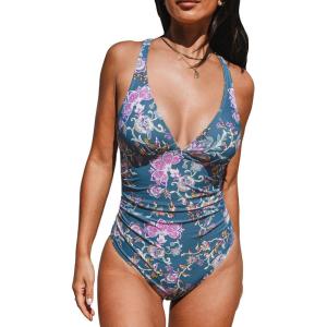 imageCUPSHE Womens One Piece Swimsuit V Neck O Ring Back Cutout Wide Strap Ruched Bathing SuitBlue Floral