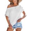imageCUPSHE Womens Summer Tops Off Shoulder Asymmetrical Short Sleeves Button Work Blouse ShirtWhite