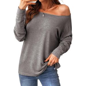 imageCUPSHE Women Long Sleeve Off The Shoulder Knitted Tops Casual Loose Fit Solid BlousesGrey
