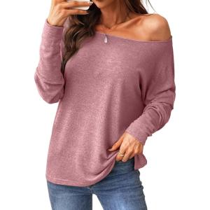 imageCUPSHE Women Long Sleeve Off The Shoulder Knitted Tops Casual Loose Fit Solid BlousesPink
