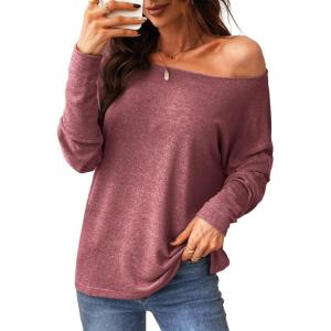 imageCUPSHE Women Long Sleeve Off The Shoulder Knitted Tops Casual Loose Fit Solid BlousesRose Red