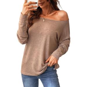 imageCUPSHE Women Long Sleeve Off The Shoulder Knitted Tops Casual Loose Fit Solid BlousesTaupe