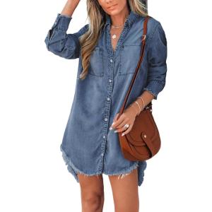 imageCUPSHE Womens Denim Shirt Dress Long Sleeve Button Down Casual Loose Jean Dresses with PocketsDark Blue
