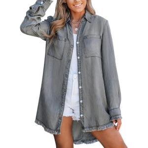 imageCUPSHE Womens Denim Shirt Dress Long Sleeve Button Down Casual Loose Jean Dresses with PocketsGrey