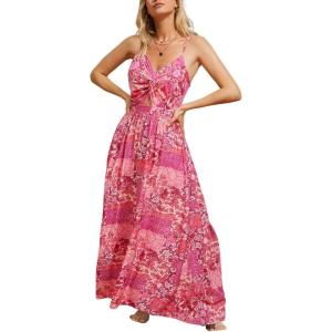 imageCUPSHE Womens Maxi Dress Floral Print Twisted V Neck Sleeveless Long Dress Summer Casual DressCranberry Pink