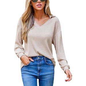 imageCUPSHE Womens Long Sleeve Knit Collared Long Sleeves Relaxed fit V Neck Spring Tops Work Casual Blouse ShirtBeige