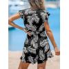 imageCUPSHE Womens Romper Tropical Flutter Sleeve Boho Overall V Neck Wide Leg Outfit Casual BeachBlackWhite Leaves