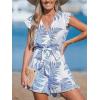 imageCUPSHE Womens Romper Tropical Flutter Sleeve Boho Overall V Neck Wide Leg Outfit Casual BeachBlue Fern