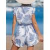 imageCUPSHE Womens Romper Tropical Flutter Sleeve Boho Overall V Neck Wide Leg Outfit Casual BeachBlue Fern
