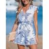 imageCUPSHE Womens Romper Tropical Flutter Sleeve Boho Overall V Neck Wide Leg Outfit Casual BeachBlue Fern