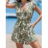 imageCUPSHE Womens Romper Tropical Flutter Sleeve Boho Overall V Neck Wide Leg Outfit Casual BeachGreen