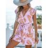 imageCUPSHE Womens Romper Tropical Flutter Sleeve Boho Overall V Neck Wide Leg Outfit Casual BeachPurpleOrange Leaves