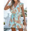 imageCUPSHE Womens Romper Tropical Flutter Sleeve Boho Overall V Neck Wide Leg Outfit Casual BeachTealOrange Leaves