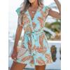 imageCUPSHE Womens Romper Tropical Flutter Sleeve Boho Overall V Neck Wide Leg Outfit Casual BeachTealOrange Leaves