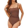 imageCUPSHE Women Swimsuit One Piece Bathing Suit Square Neck Cutout Back Tummy Control with Adjustable Spaghetti StrapsChestnut Brown