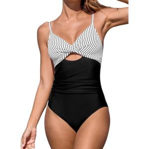 imageCUPSHE One Piece Swimsuit for Women Bathing Suits Twist Front Cutout Adjustable Straps Ruched SwimwearBlackWhiteStripe