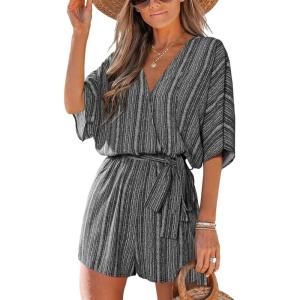 imageCUPSHE Womens Lace Up Leopard Print Romper Short Sleeves Jumpsuits Wide leg OutfitBlack
