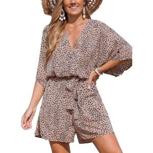 imageCUPSHE Womens Lace Up Leopard Print Romper Short Sleeves Jumpsuits Wide leg OutfitBlack Leopard