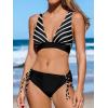 imageCUPSHE Bikini Set for Women Two Piece Swimsuit V Neck Triangle Top Wide Straps Cross Back Lace up Mid RiseBlackWhite Stripe