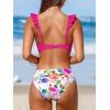imageCUPSHE Women Bikini Sets 2 Piece Swimsuit High Waisted Bottom Floral Print Ruffle V Neck Bathing SuitsMagentaWhite
