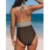imageCUPSHE Women V Neck One Piece Swimsuit Halter Backless Ruched Tummy Control Bathing SuitDark BrownGingham