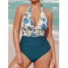 imageCUPSHE Women V Neck One Piece Swimsuit Halter Backless Ruched Tummy Control Bathing SuitDark TealWhite