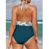 imageCUPSHE Women V Neck One Piece Swimsuit Halter Backless Ruched Tummy Control Bathing SuitDark TealWhite