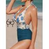 imageCUPSHE Women V Neck One Piece Swimsuit Halter Backless Ruched Tummy Control Bathing SuitDark TealWhite