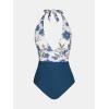 imageCUPSHE Women V Neck One Piece Swimsuit Halter Backless Ruched Tummy Control Bathing SuitDark TealWhite