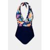 imageCUPSHE Women V Neck One Piece Swimsuit Halter Backless Ruched Tummy Control Bathing SuitNavy BlueFloral