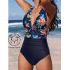 imageCUPSHE Women V Neck One Piece Swimsuit Halter Backless Ruched Tummy Control Bathing SuitNavy BlueFloral