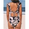 imageCUPSHE Womens Ruffled One Piece Swimsuit V Neck Lace UpBlackLight Pink Floral