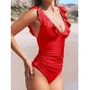 imageCUPSHE Womens Ruffled One Piece Swimsuit V Neck Lace UpSolid Red