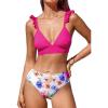 imageCUPSHE Women Bikini Sets 2 Piece Swimsuit High Waisted Bottom Floral Print Ruffle V Neck Bathing SuitsMagentaWhite