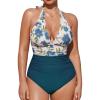 imageCUPSHE Women V Neck One Piece Swimsuit Halter Backless Ruched Tummy Control Bathing SuitDark TealWhite