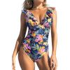 imageCUPSHE Womens Ruffled One Piece Swimsuit V Neck Lace UpPinkYellowBlue