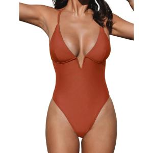 imageCUPSHE Women Swimsuit One Piece Bathing Suit Deep V Neck Crisscross Back Adjustable StrapBrick Red