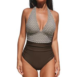 imageCUPSHE Women V Neck One Piece Swimsuit Halter Backless Ruched Tummy Control Bathing SuitDark BrownGingham