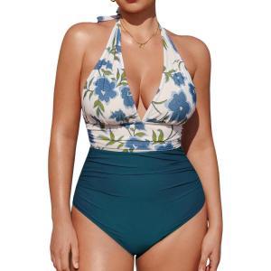 imageCUPSHE Women V Neck One Piece Swimsuit Halter Backless Ruched Tummy Control Bathing SuitDark TealWhite